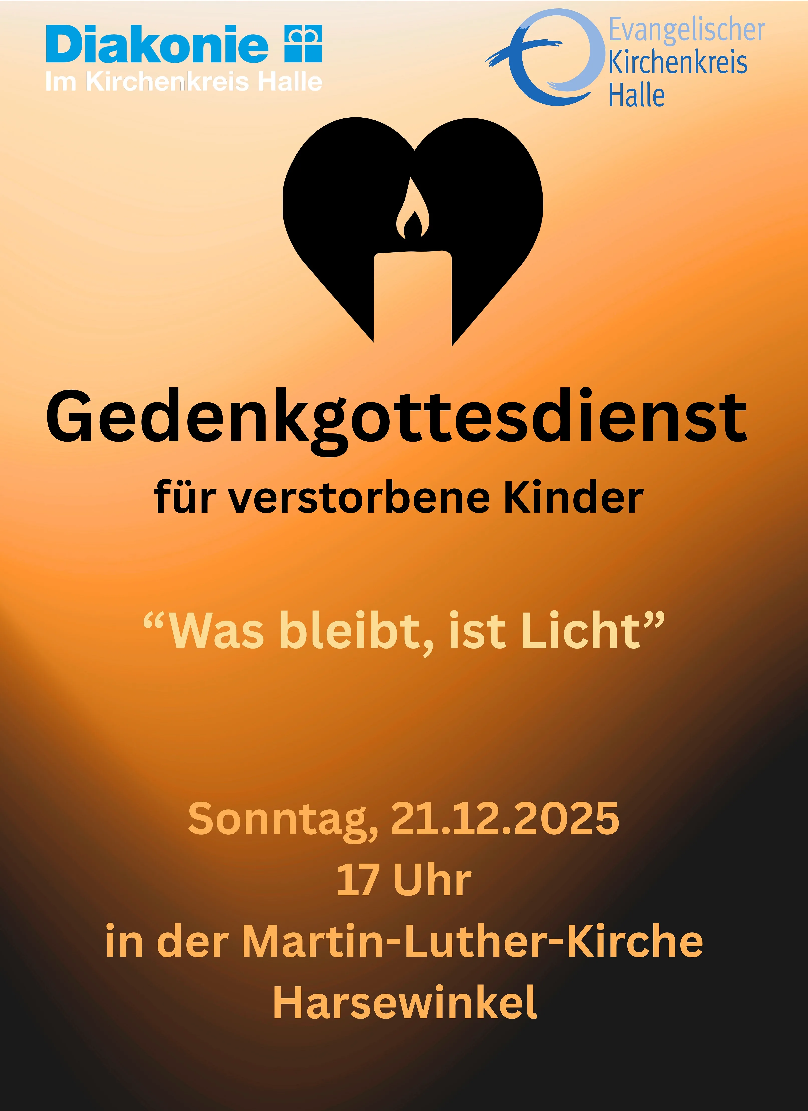 Plakat: Gedenkgottesdienst für verstorbene Kinder mit Herz- und Kerzen-Symbol.