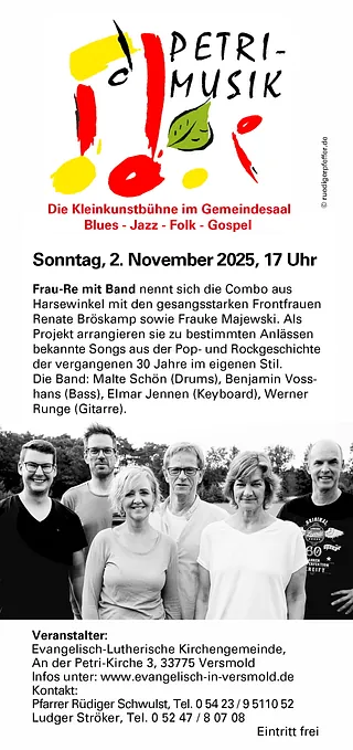 Plakat: Ankündigung des Petrimusik-Konzerts mit Gruppenfoto.